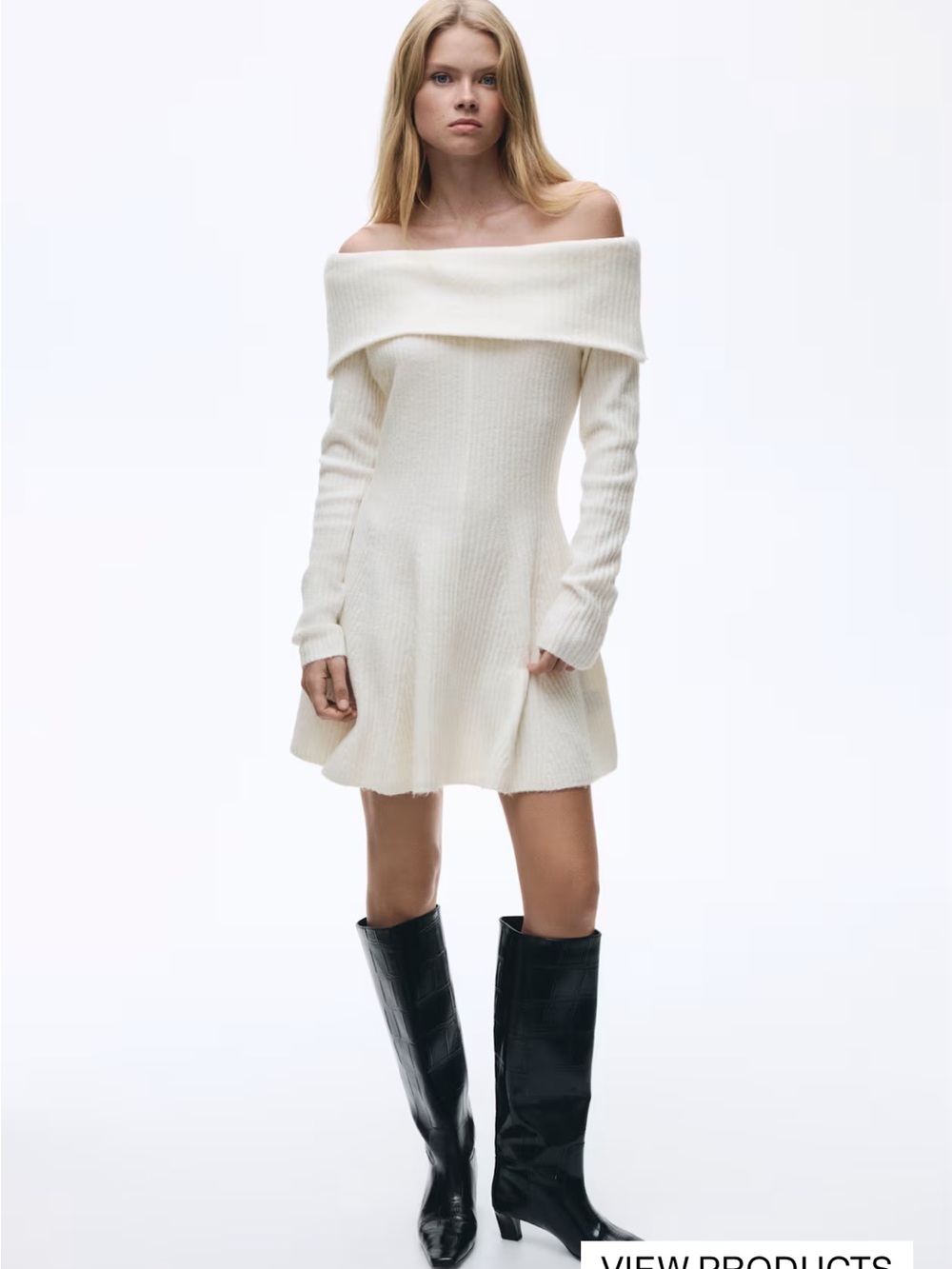 H&M Cream Ribbed Off-Shoulder Knit Dress